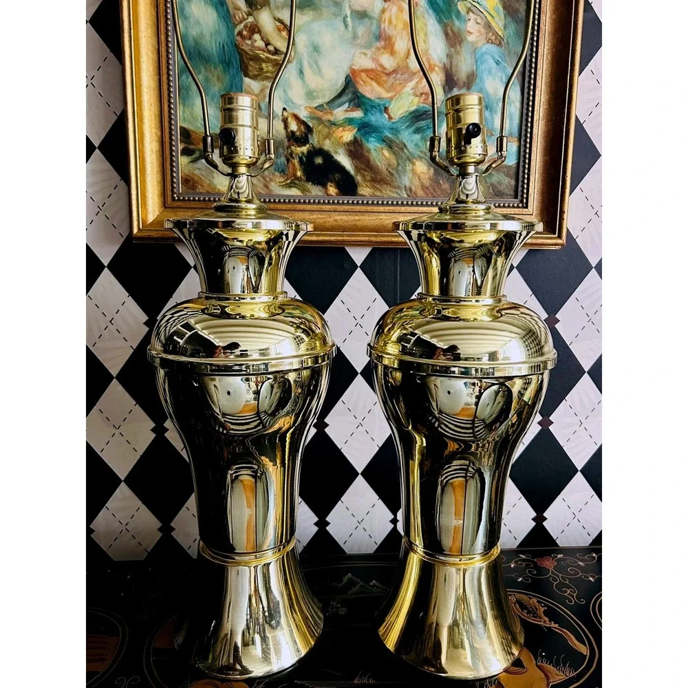 Pair Gold Tone Metal Table Lamps Polished Pedestal Vintage Lighting